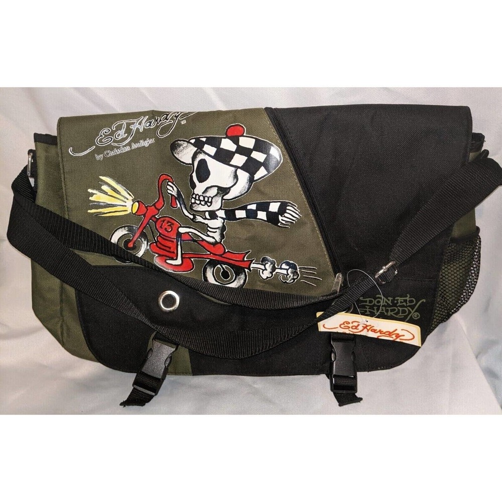 Ed Hardy SPEEDY Motorcycle Skeleton ARMY GREEN Messenger Bag Y2K NWT - Picture 3 of 7